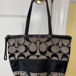 Coach Black and Gray Shoulder Bag with Signature Pattern